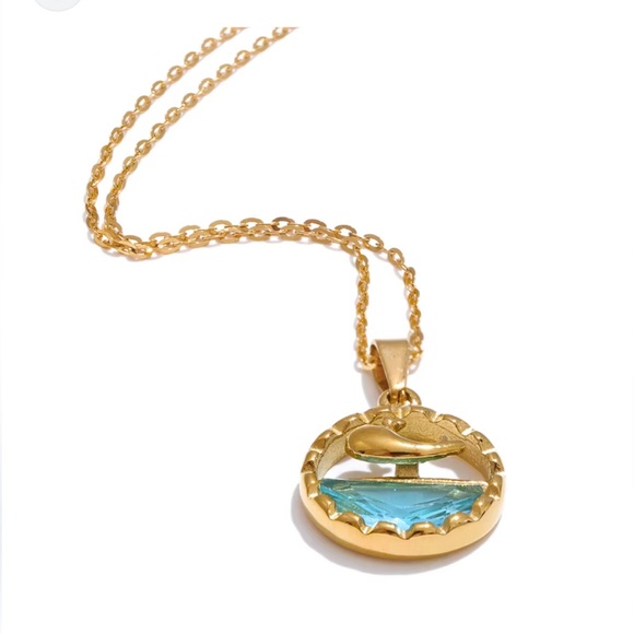 Gold Dolphin and Blue Water Pendant Necklace - Picture 6 of 8
